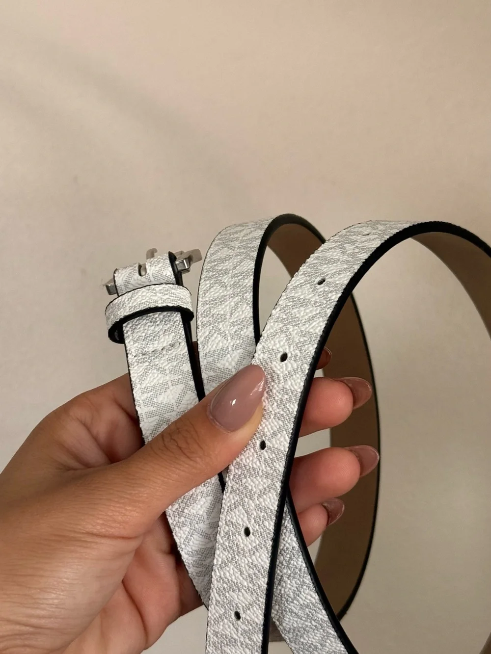 Michael Kors White Monogram Slim Leather Belt with Silver Buckle